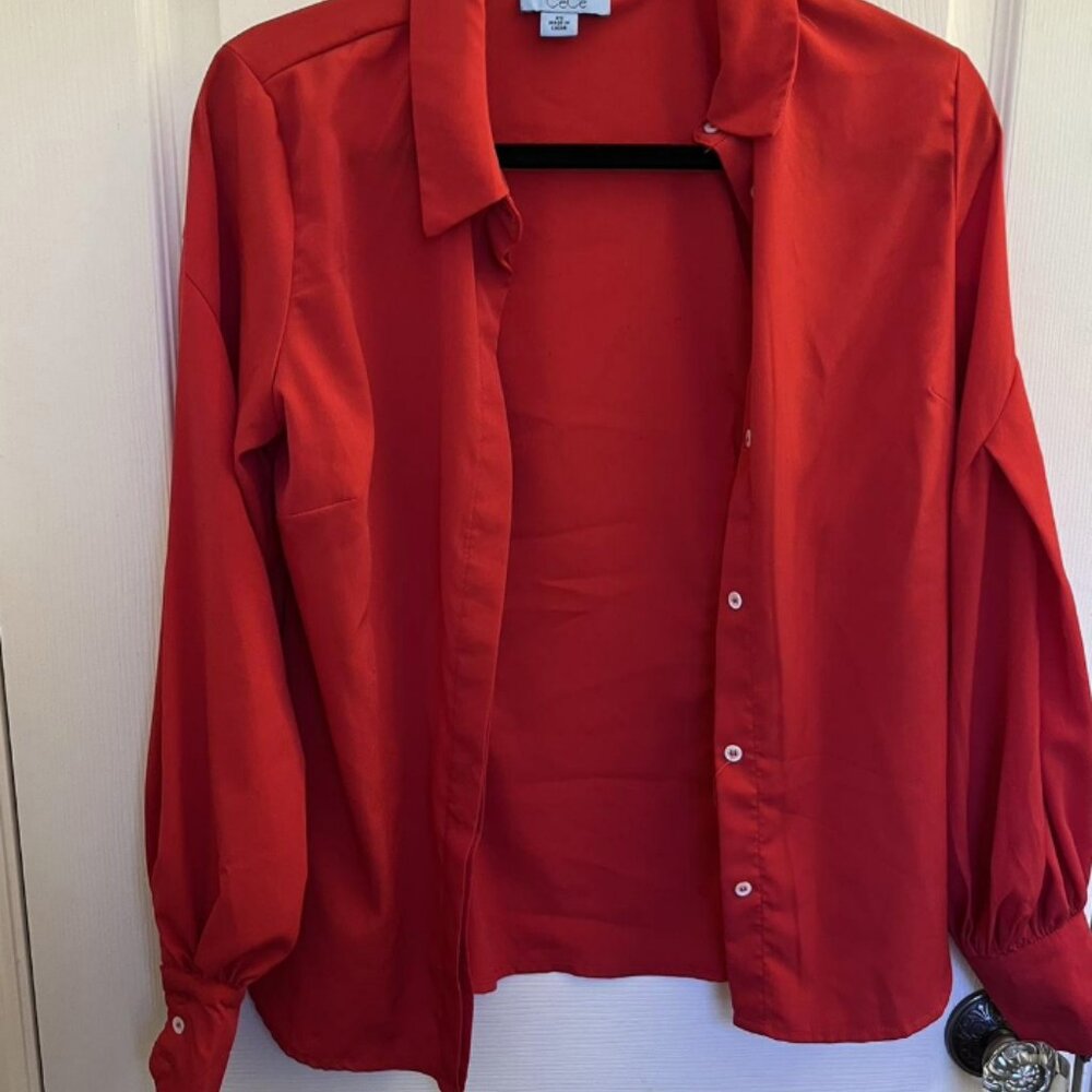Small red CeCe blouse with bell sleeves
